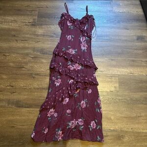 Floral Ruffle Maxi Dress - Burgundy